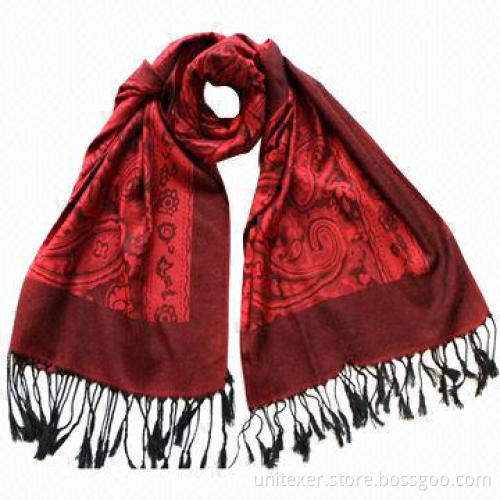 Red Jacquard Scarf, Nice Design, for Girl's and Women, Measures 65 x 180cm + 10cm x 2fringes